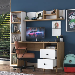 HA115 Çekmeceli Kitaplıklı Çalışma Ofis Bilgisayar Masası Sepet Ceviz - Beyaz