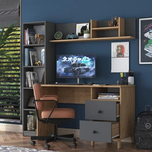 HA115 Çekmeceli Kitaplıklı Çalışma Ofis Bilgisayar Masası Sepet Ceviz - Antrasit