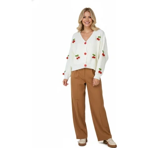 Kadın Kışlık Crop Triko Hırka 3D Kirazlı Modelli Esnek Önü Düğmeli Şirin Tarz