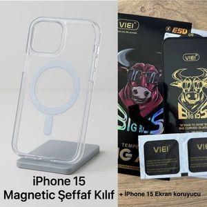 iPhone 15 Manyetik Şeffaf Kılıf | Magsafe Uyumlu | Yumuşak Tpu Malzeme | Darbe Emici |+ 1 Adet  kaliteli İphone 15 Ekran koruyucu