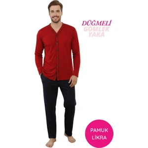 Erkek Bordo V Yaka Önden Düğmeli Pamuk Likra Mevsimlik Uzun Kol Cepli Pijama Takımı