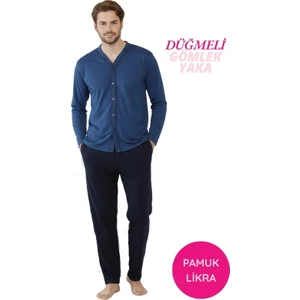 Erkek Mavi V Yaka Önden Düğmeli Pamuk Likra Mevsimlik Uzun Kol Cepli Pijama Takımı
