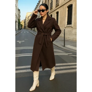 Kadın Trend Basic Uzun Kruvaze Kahve Kaşe Kaban