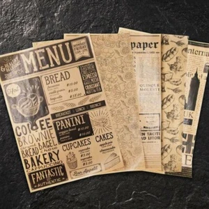 50'li Vintage Desenli Sunum Kağıdı – London & Food Bakery Temalı Yağlı Kağıt 25X35 cm | Retro Gazete Tasarım