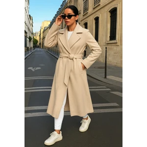 Kadın Trend Basic Uzun Kruvaze Krem Kaşe Kaban