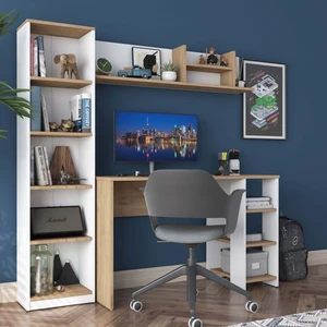 Ha125 Kitaplıklı Raflı Çalışma Ofis Bilgisayar Masası Sepet Ceviz - Beyaz