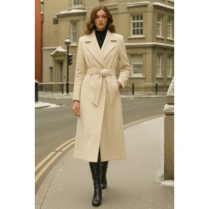 Kadın Kruvaze Premium Krem Kaşe Kaban