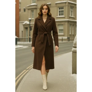 Kadın Kruvaze Premium Kahve Kaşe Kaban