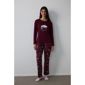Bordo Flower Showers Pantolon Pijama Takımı