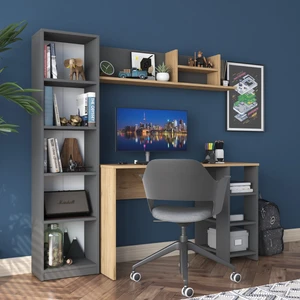 HA125 Kitaplıklı Raflı Çalışma Ofis Bilgisayar Masası Antrasit - Sepet Ceviz