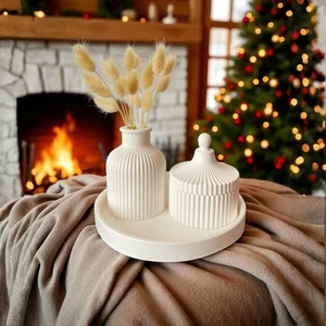 Nevhan Sanat Minimal Line Serisi – 3’lü Beton & Seramik Dekor Seti (26 cm Tepsi – 10 cm Vazo – 8x8 cm Kutu)