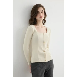 Kare Yaka Pamuk Örme Bluz - Ekru