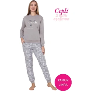 Kadın Gri Kalpli Bisiklet Yaka Bilek Manşetli 2 İplik Cepli Kışlık Jogger Eşofman Pijama Takımı Homewear