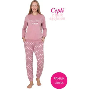 Kadın Pembe Puantiyeli Bilek Manşetli 2 İplik Cepli Kışlık Jogger Eşofman Pijama Takımı Homewear