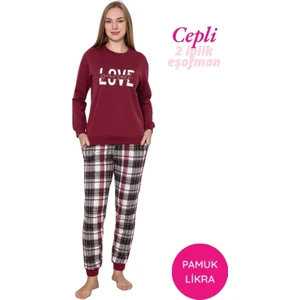 Kadın Bordo Bisiklet Yaka Bilek Manşet 2 İplik Cepli Kışlık Jogger Eşofman Pijama Takımı Homewear