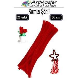 Şönil Kırmızı 30 cm 25 Li 1 Paket Renkli Tüylü Tel Şönil Pipo Temizleyici Okul Öncesi Anasınıfı Kreş Hobi Eğitici