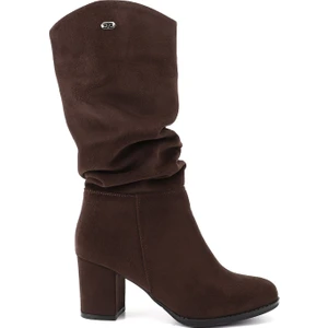 Kadın Koyu Kahve Süet  Yuvarlak Burun Körüklü Kalın Topuklu Çizme
