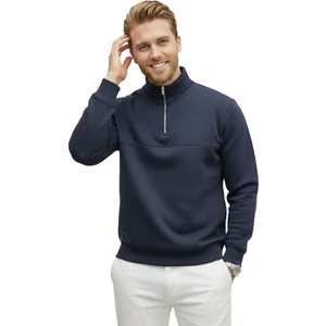 Erkek Lacivert Relax Fit Içi Polarlı %100 Pamuk Yarım Fermuarlı Dik Yaka Sweatshirt 2600760