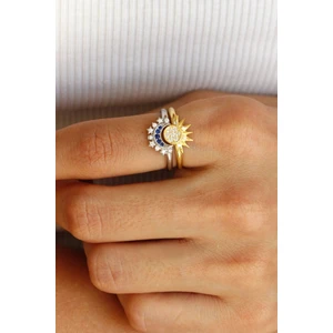 İthal Seri 2'li Kombinlenebilir Zirkon Taşlı Güneş Ay Tasarım Ayarlanabilir Kadın Arkadaş Yüzüğü