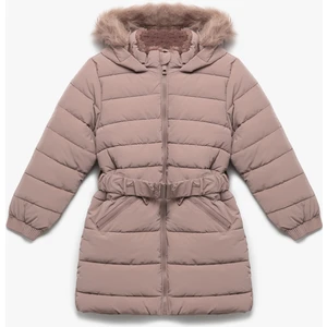 Uzun Şişme Kapşonlu Mont Kürk Detaylı Cepli Kemerli