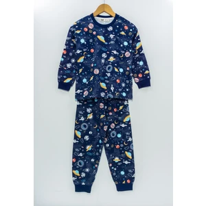 bunny hopp 3-8 yaş galaksi ve astronot baskılı %100 pamuk uzun kollu erkek çocuk pijama takımı