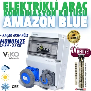 "Amazon Blue'' 7.4kW 3x32A Monofaze Elektrikli Araç Kombinasyon Kutusu, Tesla Mavi Adaptöre Uyumlu, Kaçak Akım Röle, V i k o/P a n a s o n i c