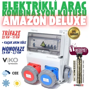 "Amazon Deluxe'' 22kW 7,4kW 5X32A + 3X32A + 1X16A Elektrikli Araç Kombinasyon Kutusu Tesla Blue Adaptör Uyumlu Kaçak Akım Röle Vi ko Sigorta