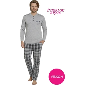 Erkek Gri Ekose Desen Likralı Pamuk Uzun Kol Kışlık İnterlok Göğüs Cepli Pijama Takımı