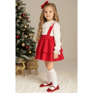 Kız Çocuk Helen Kırmızı Askılı Kat Kat Bağlama Jile Elbise Dantel Detay Ekru Uzun Kollu Bluz Takım TKM-0190.3