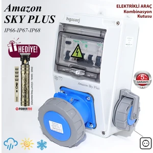 "Amazon Sky Plus" 7,4kW Monofaze 3X32A + 1X16A Elektrikli Araç Kombinasyon Kutusu Tesla Mavi Adaptör Uyumlu Kaçak Akım Röle IP66-IP67-IP68 Üstün Koruma 5 Yıl Garanti