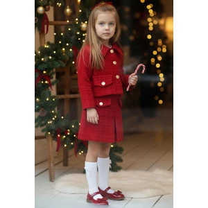 Parla Kids Kız Çocuk Kırmızı Carmen Tüvit Uzun Kollu Düğmeli 23 Nisan Etek Ceket Takım