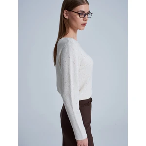 10836 Yün Karışımlı Parıltılı Kayık Yaka Kazak-Krem