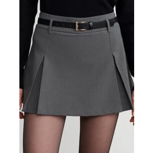 81069 Çizgili Kemerli Şort Etek-Gri