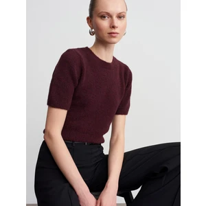 10651 Yün Karışımlı Kısa Kollu Triko Kazak-Koyu Bordo