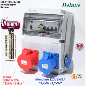 "Deluxe" 22kW Trifaze 7,4kW Monofaze 5X32A + 3X32A + 1X16A Elektrikli Araç Kombinasyon Kutusu Kaçak Akım Röle Schneider Marka Sigorta Grubu