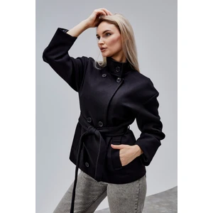 Carvella Siyah Dik Yaka Kemerli Kaşe Ceket