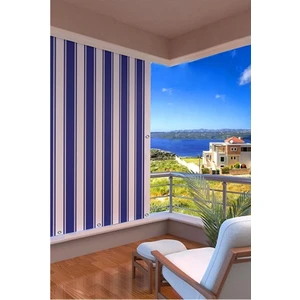 Kalın- Işık Su Geçirmez Düğmeli Kuş Gözlü Bağcık Hediyeli Balkon Perdesi Mavi-Beyaz