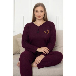 Farya Home Büyük Beden Pamuklu Kalın Kışlık Düğmeli Şeritli Interlok Örme Pijama Takımı