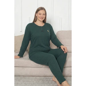 Farya Home Büyük Beden Pamuklu Kalın Kışlık Düğmeli Şeritli Interlok Örme Pijama Takımı