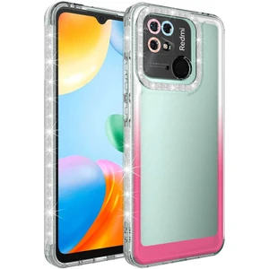 Xiaomi Redmi 10C Kılıf Simli ve Renk Geçiş Tasarımlı Lens Korumalı Snel Park Kapak-Beyaz-Pembe