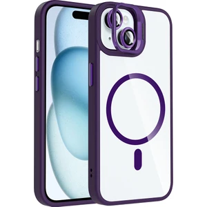 iPhone 15 Kılıf Standlı ve Kamera Lens Hediyeli M-Safe Şarj Özellikli Snel Etro Kapak - Derin Mor