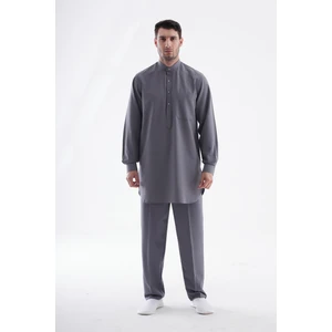 Erkek Hac ve Umre Kıyafeti Ikili Alt Üst Afgan Takım - Gri