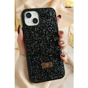 Apple iPhone 13 - 14 - 15 Uyumlu Kılıf Elmas Tasarımlı Siyah Taşlı Işıltılı Pırlanta Silikon Kapak