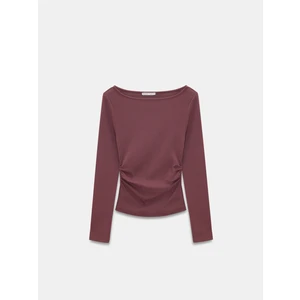 31401 Büzgülü Kayık Yaka Top-Mürdüm