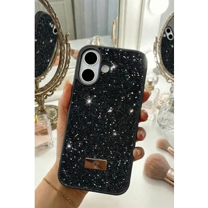 Apple iPhone 16 Uyumlu Kılıf Içi Kadife Elmas Tasarımlı Siyah Taşlı Işıltılı Pırlanta Silikon Kapak