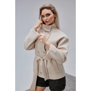 Carvella Bej Dik Yaka Kemerli Kaşe Ceket