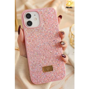 Apple iPhone 12-12 Pro Kılıf Içi Kadife Elmas Tasarımlı Pembe Taşlı Işıltılı Pırlanta Silikon Kapak