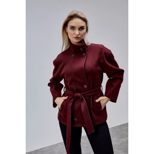 Carvella Bordo Dik Yaka Kemerli Kaşe Ceket