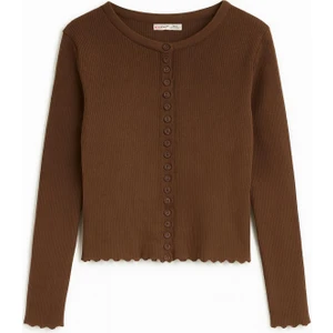 6972 Kadın Fitilli Basic Triko Hırka Kahve