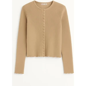 6972 Kadın Fitilli Basic Triko Hırka Camel